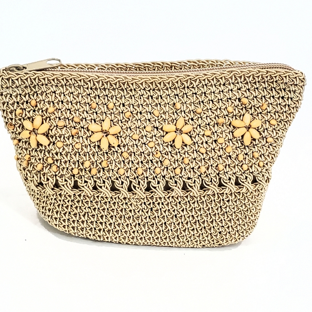 Tan Crochet Zip Mini Bag Coin Purse Makeup Bag